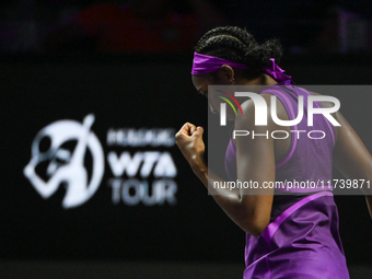 RIYADH, SAUDI ARABIA - NOVEMBER 03: Coco Gauff of USA during her match against Jessica Pegula of USA on day 2 of the 2024 WTA Finals, part o...