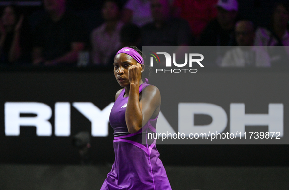 RIYADH, SAUDI ARABIA - NOVEMBER 03: Coco Gauff of USA during her match against Jessica Pegula of USA on day 2 of the 2024 WTA Finals, part o...