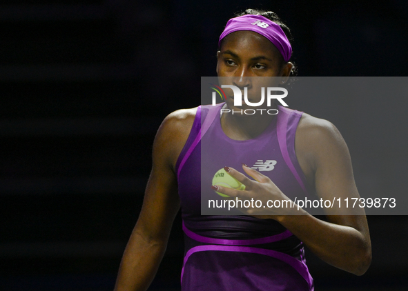 RIYADH, SAUDI ARABIA - NOVEMBER 03: Coco Gauff of USA during her match against Jessica Pegula of USA on day 2 of the 2024 WTA Finals, part o...