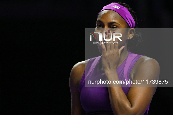 RIYADH, SAUDI ARABIA - NOVEMBER 03: Coco Gauff of USA during her match against Jessica Pegula of USA on day 2 of the 2024 WTA Finals, part o...