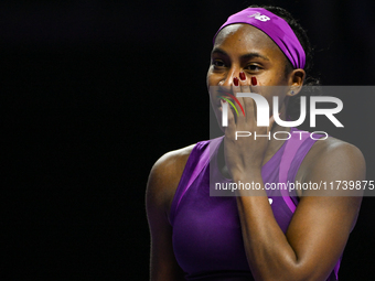 RIYADH, SAUDI ARABIA - NOVEMBER 03: Coco Gauff of USA during her match against Jessica Pegula of USA on day 2 of the 2024 WTA Finals, part o...