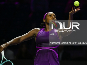 RIYADH, SAUDI ARABIA - NOVEMBER 03: Coco Gauff of USA during her match against Jessica Pegula of USA on day 2 of the 2024 WTA Finals, part o...