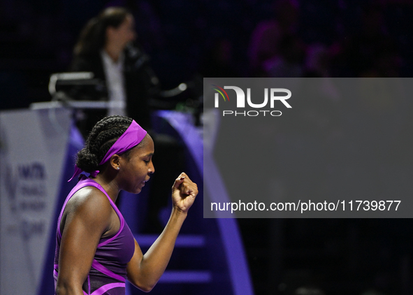 RIYADH, SAUDI ARABIA - NOVEMBER 03: Coco Gauff of USA during her match against Jessica Pegula of USA on day 2 of the 2024 WTA Finals, part o...