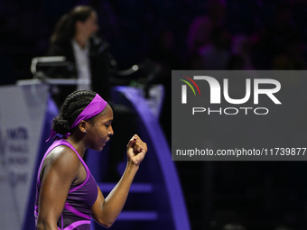 RIYADH, SAUDI ARABIA - NOVEMBER 03: Coco Gauff of USA during her match against Jessica Pegula of USA on day 2 of the 2024 WTA Finals, part o...