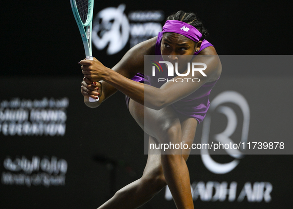 RIYADH, SAUDI ARABIA - NOVEMBER 03: Coco Gauff of USA during her match against Jessica Pegula of USA on day 2 of the 2024 WTA Finals, part o...