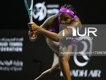 RIYADH, SAUDI ARABIA - NOVEMBER 03: Coco Gauff of USA during her match against Jessica Pegula of USA on day 2 of the 2024 WTA Finals, part o...