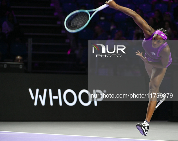 RIYADH, SAUDI ARABIA - NOVEMBER 03: Coco Gauff of USA during her match against Jessica Pegula of USA on day 2 of the 2024 WTA Finals, part o...