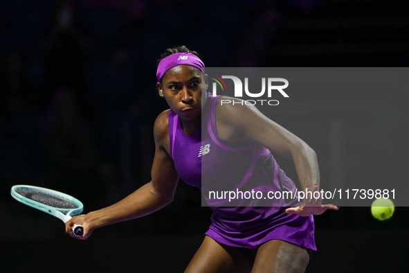 RIYADH, SAUDI ARABIA - NOVEMBER 03: Coco Gauff of USA during her match against Jessica Pegula of USA on day 2 of the 2024 WTA Finals, part o...