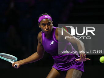 RIYADH, SAUDI ARABIA - NOVEMBER 03: Coco Gauff of USA during her match against Jessica Pegula of USA on day 2 of the 2024 WTA Finals, part o...