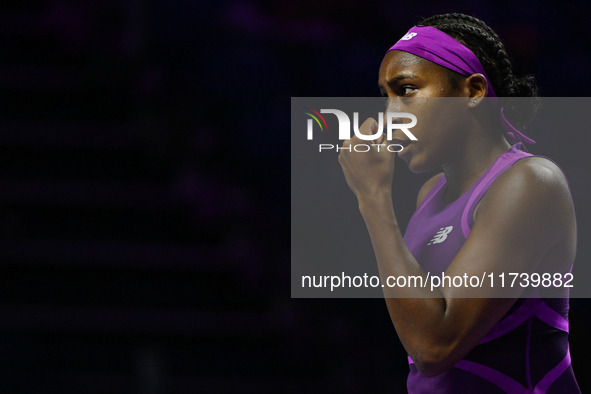 RIYADH, SAUDI ARABIA - NOVEMBER 03: Coco Gauff of USA during her match against Jessica Pegula of USA on day 2 of the 2024 WTA Finals, part o...