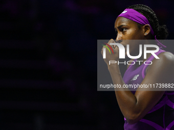 RIYADH, SAUDI ARABIA - NOVEMBER 03: Coco Gauff of USA during her match against Jessica Pegula of USA on day 2 of the 2024 WTA Finals, part o...