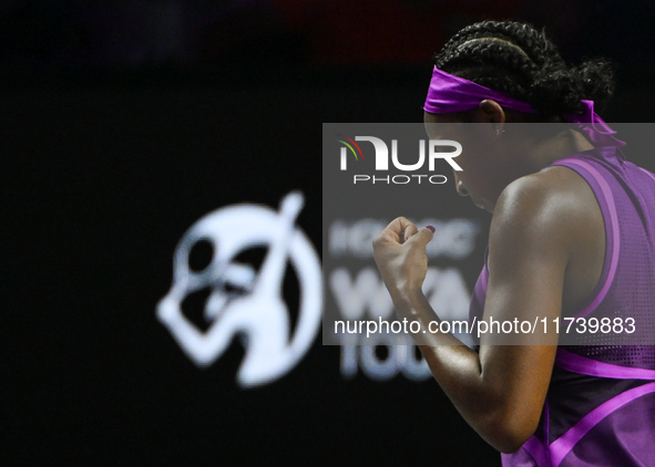 RIYADH, SAUDI ARABIA - NOVEMBER 03: Coco Gauff of USA during her match against Jessica Pegula of USA on day 2 of the 2024 WTA Finals, part o...