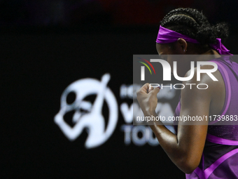 RIYADH, SAUDI ARABIA - NOVEMBER 03: Coco Gauff of USA during her match against Jessica Pegula of USA on day 2 of the 2024 WTA Finals, part o...