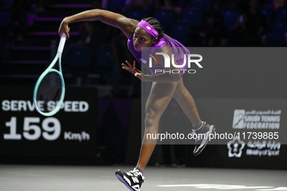 RIYADH, SAUDI ARABIA - NOVEMBER 03: Coco Gauff of USA during her match against Jessica Pegula of USA on day 2 of the 2024 WTA Finals, part o...