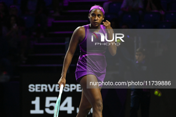 RIYADH, SAUDI ARABIA - NOVEMBER 03: Coco Gauff of USA during her match against Jessica Pegula of USA on day 2 of the 2024 WTA Finals, part o...