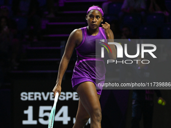 RIYADH, SAUDI ARABIA - NOVEMBER 03: Coco Gauff of USA during her match against Jessica Pegula of USA on day 2 of the 2024 WTA Finals, part o...