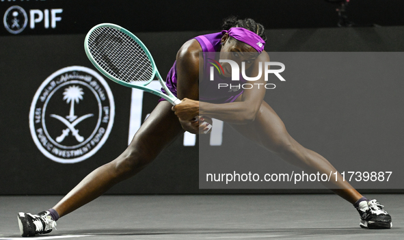 RIYADH, SAUDI ARABIA - NOVEMBER 03: Coco Gauff of USA during her match against Jessica Pegula of USA on day 2 of the 2024 WTA Finals, part o...