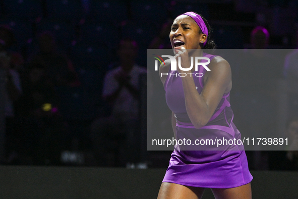 RIYADH, SAUDI ARABIA - NOVEMBER 03: Coco Gauff of USA during her match against Jessica Pegula of USA on day 2 of the 2024 WTA Finals, part o...