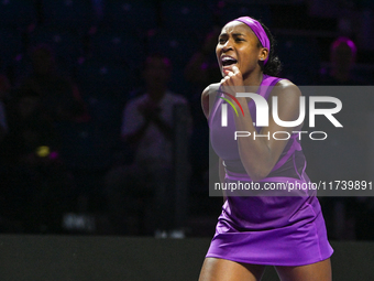 RIYADH, SAUDI ARABIA - NOVEMBER 03: Coco Gauff of USA during her match against Jessica Pegula of USA on day 2 of the 2024 WTA Finals, part o...