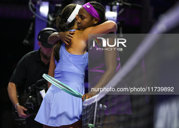 RIYADH, SAUDI ARABIA - NOVEMBER 03: Jessica Pegula of the USA congratulates Coco Gauff on her victory on Day 2 of the 2024 WTA Finals, part...