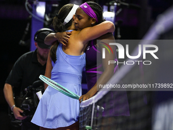 RIYADH, SAUDI ARABIA - NOVEMBER 03: Jessica Pegula of the USA congratulates Coco Gauff on her victory on Day 2 of the 2024 WTA Finals, part...