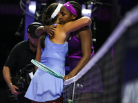 RIYADH, SAUDI ARABIA - NOVEMBER 03: Jessica Pegula of the USA congratulates Coco Gauff on her victory on Day 2 of the 2024 WTA Finals, part...