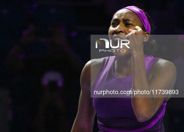 RIYADH, SAUDI ARABIA - NOVEMBER 03: Coco Gauff of USA during her match against Jessica Pegula of USA on day 2 of the 2024 WTA Finals, part o...