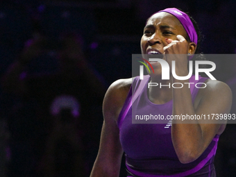 RIYADH, SAUDI ARABIA - NOVEMBER 03: Coco Gauff of USA during her match against Jessica Pegula of USA on day 2 of the 2024 WTA Finals, part o...