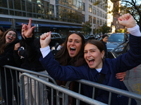 Crowds hold up signs and watch New York City marathon runners as they race up First Avenue in the Upper East Side neighborhood of New York,...