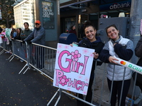 Crowds hold up signs and watch New York City marathon runners as they race up First Avenue in the Upper East Side neighborhood of New York,...