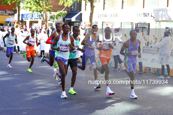 The male leaders head up First Avenue at mile 16 during the 2024 New York City Marathon in New York, N.Y., on November 3, 2024. 