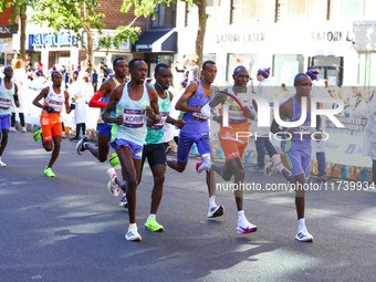 The male leaders head up First Avenue at mile 16 during the 2024 New York City Marathon in New York, N.Y., on November 3, 2024. (