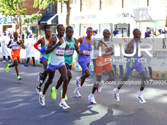 The male leaders head up First Avenue at mile 16 during the 2024 New York City Marathon in New York, N.Y., on November 3, 2024. (