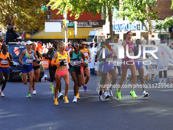 The women leaders head up First Avenue at mile 16 during the 2024 New York City Marathon in New York, N.Y., on November 3, 2024. (