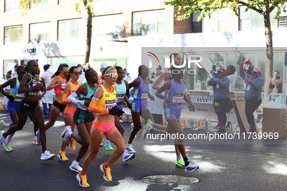 The women leaders head up First Avenue at mile 16 during the 2024 New York City Marathon in New York, N.Y., on November 3, 2024. 