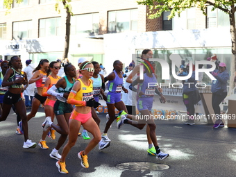 The women leaders head up First Avenue at mile 16 during the 2024 New York City Marathon in New York, N.Y., on November 3, 2024. (