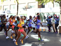 The women leaders head up First Avenue at mile 16 during the 2024 New York City Marathon in New York, N.Y., on November 3, 2024. (