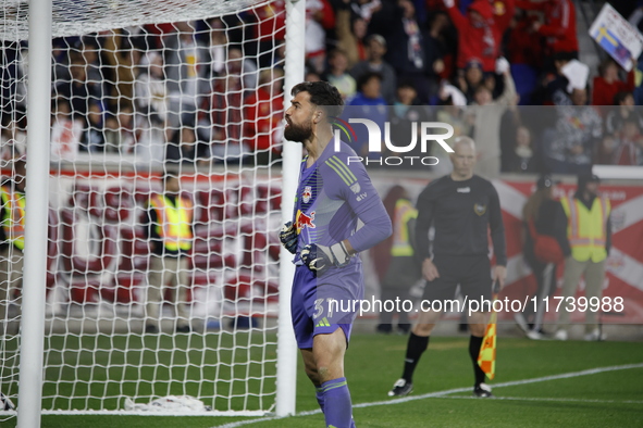 New York Red Bulls goalkeeper Carlos Coronel celebrates victory in Harris, New Jersey, on November 3, 2024. The dramatic shootout turns into...