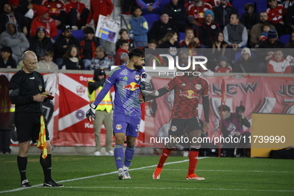 New York Red Bulls goalkeeper Carlos Coronel celebrates victory in Harris, New Jersey, on November 3, 2024. The dramatic shootout turns into...