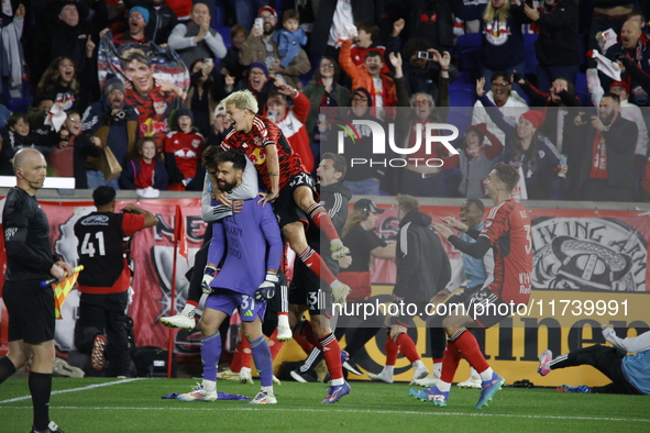 New York Red Bulls goalkeeper Carlos Coronel celebrates victory in Harris, New Jersey, on November 3, 2024. The dramatic shootout turns into...