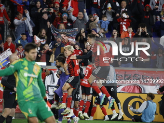 New York Red Bulls goalkeeper Carlos Coronel celebrates victory in Harris, New Jersey, on November 3, 2024. The dramatic shootout turns into...