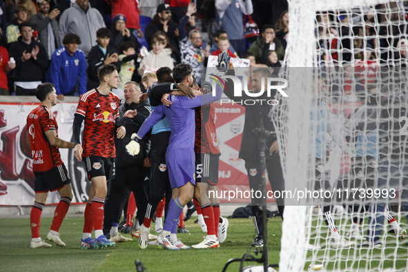 New York Red Bulls goalkeeper Carlos Coronel celebrates victory in Harris, New Jersey, on November 3, 2024. The dramatic shootout turns into...