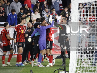 New York Red Bulls goalkeeper Carlos Coronel celebrates victory in Harris, New Jersey, on November 3, 2024. The dramatic shootout turns into...