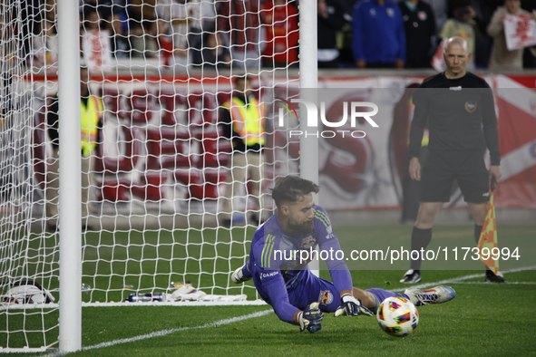 New York Red Bulls goalkeeper Carlos Coronel makes a penalty kick save to eliminate the defending MLS Cup champion Columbus Crew in Harris,...