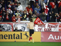 New York Red Bulls midfielder Daniel Edelia (75) celebrates the penalty kick goal that gives them a shootout victory over the Columbus Crew...