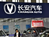 The logo of Changan Automobile is displayed at an auto show in Yongnian district of Handan, China, on October 17, 2024. On November 3, 2024,...