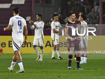 Felipe Pena Biafore of Lanus celebrates after winning a Liga Profesional 2024 match between Boca Jrs and Lanus at Estadio Ciudad de Lanus in...