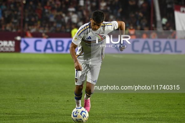 Exequiel Zeballos of Boca Jrs is in action during a Liga Profesional 2024 match between Lanus and Boca Jrs at Estadio Ciudad de Lanus in Lan...