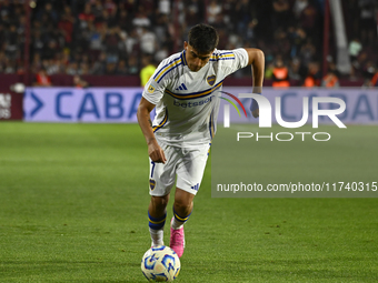 Exequiel Zeballos of Boca Jrs is in action during a Liga Profesional 2024 match between Lanus and Boca Jrs at Estadio Ciudad de Lanus in Lan...