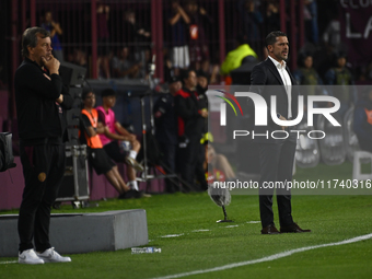 Fernando Gago and Ricardo Zielinski, coaches of Boca Jrs and Lanus, give instructions to their team players during a Liga Profesional 2024 m...